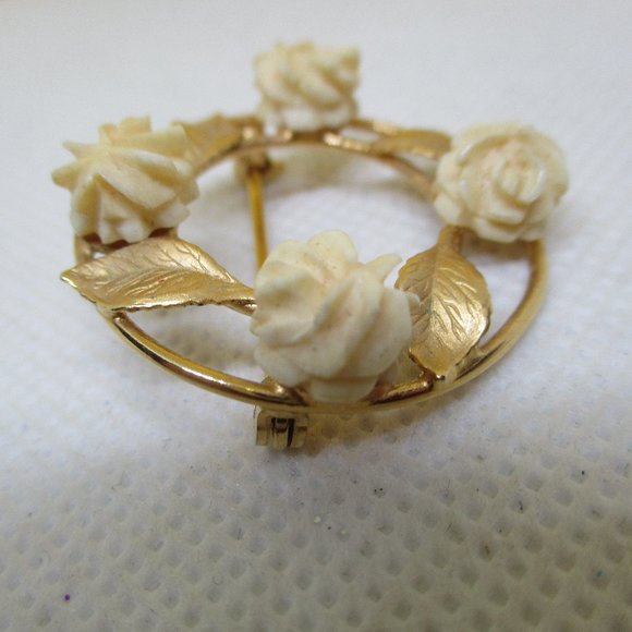 C. R. Co. Charles Reis 12K GF Carved Bone Rose Brooch - Picture 3 of 7
